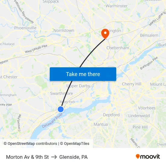 Morton Av & 9th St to Glenside, PA map