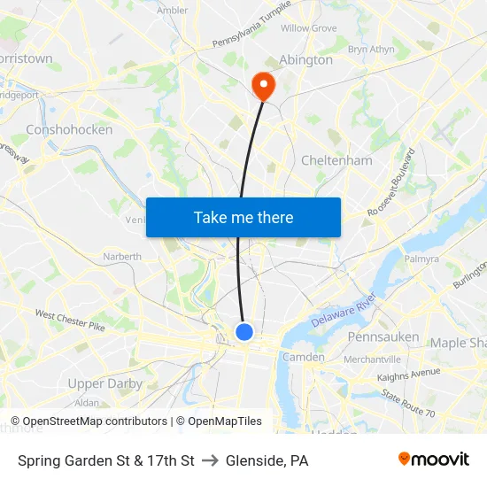 Spring Garden St & 17th St to Glenside, PA map