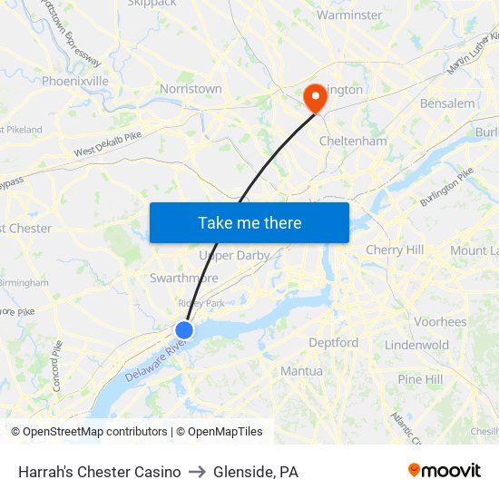 Harrah's Chester Casino to Glenside, PA map
