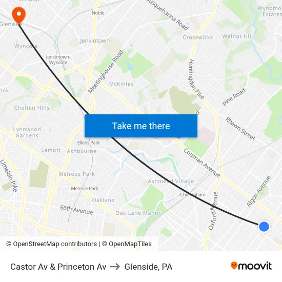Castor Av & Princeton Av to Glenside, PA map