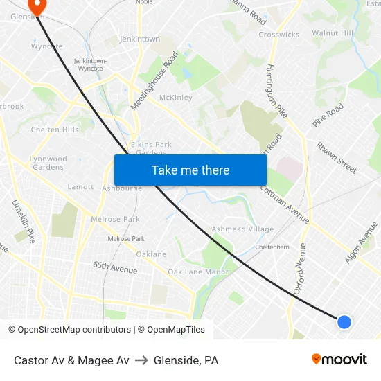 Castor Av & Magee Av to Glenside, PA map
