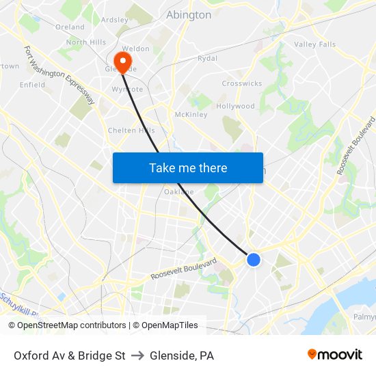 Oxford Av & Bridge St to Glenside, PA map