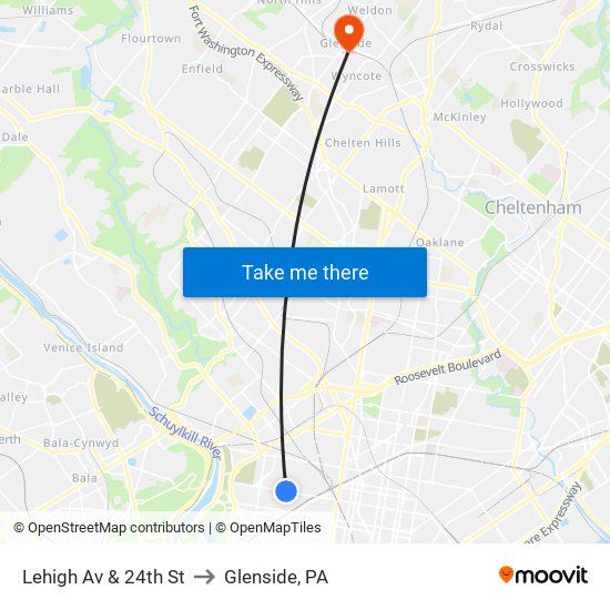 Lehigh Av & 24th St to Glenside, PA map