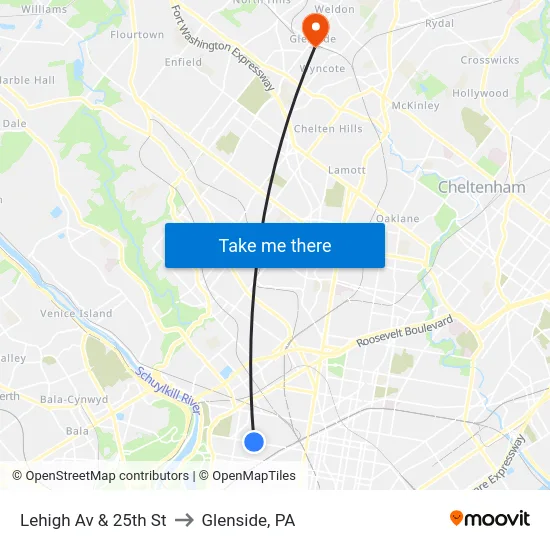 Lehigh Av & 25th St to Glenside, PA map