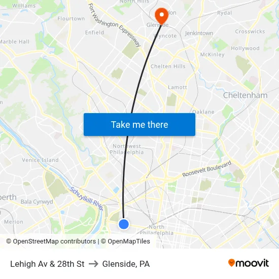 Lehigh Av & 28th St to Glenside, PA map