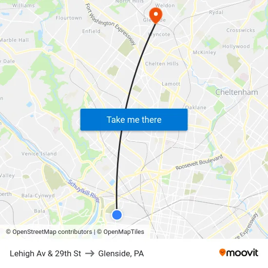 Lehigh Av & 29th St to Glenside, PA map