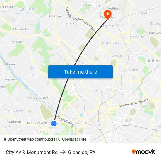 City Av & Monument Rd to Glenside, PA map