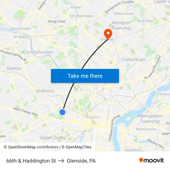 66th & Haddington St to Glenside, PA map