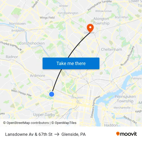 Lansdowne Av & 67th St to Glenside, PA map