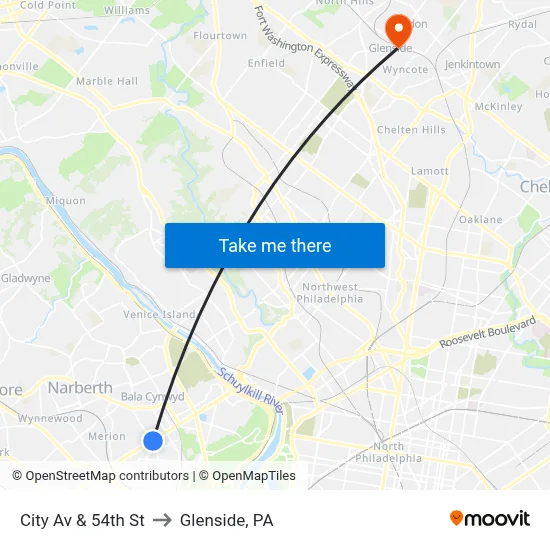 City Av & 54th St to Glenside, PA map