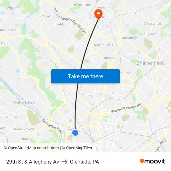 29th St & Allegheny Av to Glenside, PA map
