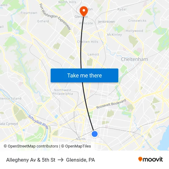 Allegheny Av & 5th St to Glenside, PA map