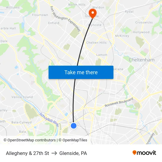 Allegheny & 27th St to Glenside, PA map