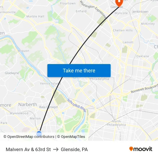 Malvern Av & 63rd St to Glenside, PA map