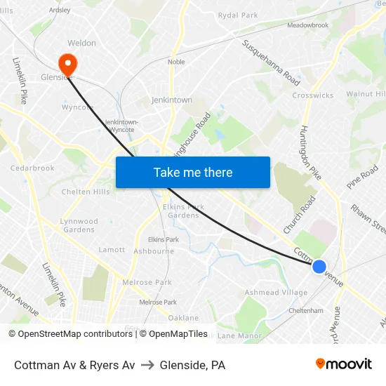 Cottman Av & Ryers Av to Glenside, PA map