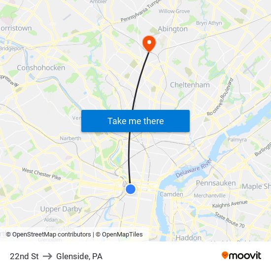 22nd St to Glenside, PA map