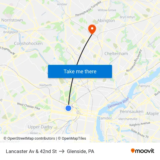 Lancaster Av & 42nd St to Glenside, PA map