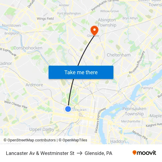 Lancaster Av & Westminster St to Glenside, PA map