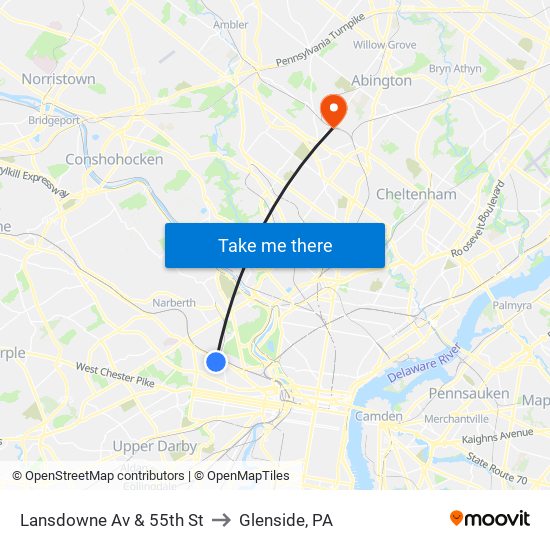 Lansdowne Av & 55th St to Glenside, PA map