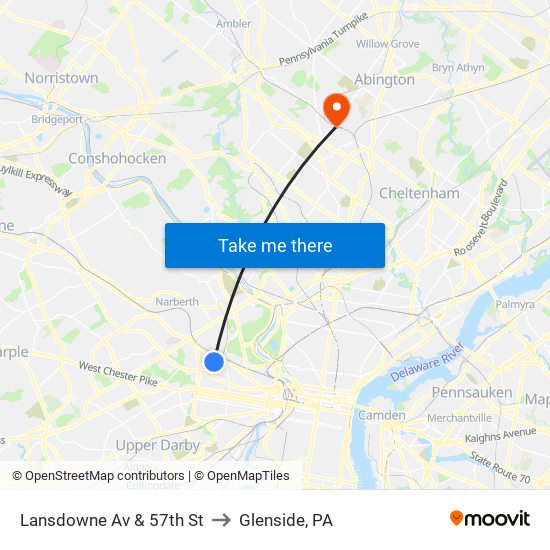 Lansdowne Av & 57th St to Glenside, PA map