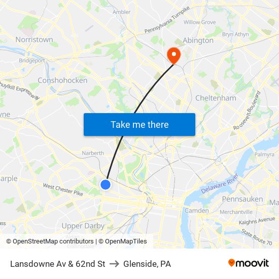 Lansdowne Av & 62nd St to Glenside, PA map