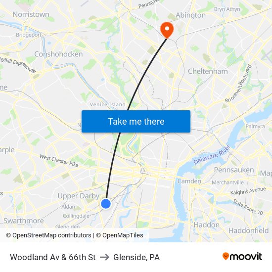 Woodland Av & 66th St to Glenside, PA map