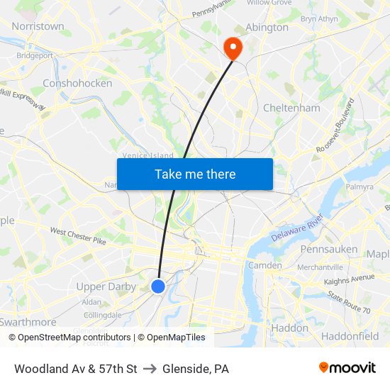 Woodland Av & 57th St to Glenside, PA map