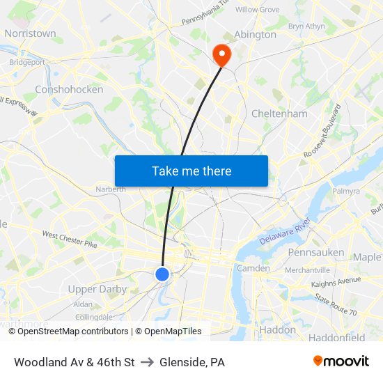 Woodland Av & 46th St to Glenside, PA map