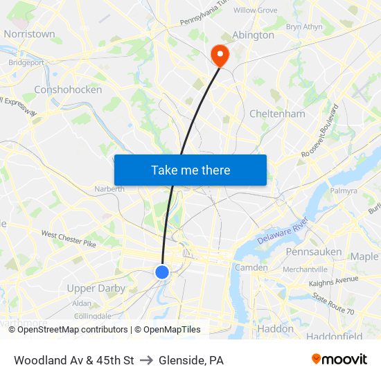Woodland Av & 45th St to Glenside, PA map