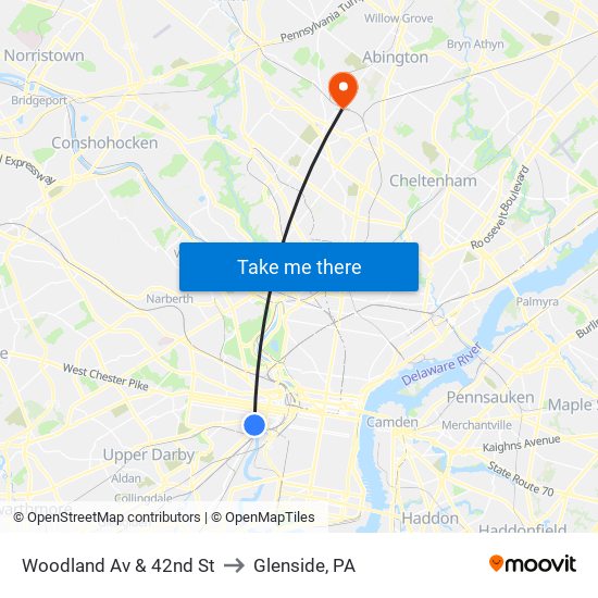 Woodland Av & 42nd St to Glenside, PA map