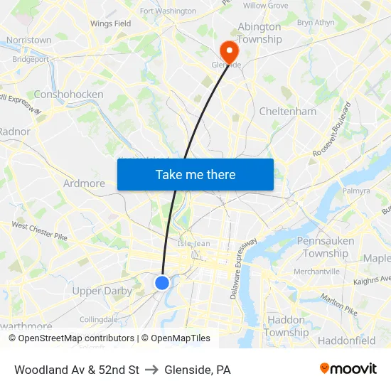 Woodland Av & 52nd St to Glenside, PA map