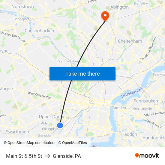 Main St & 5th St to Glenside, PA map