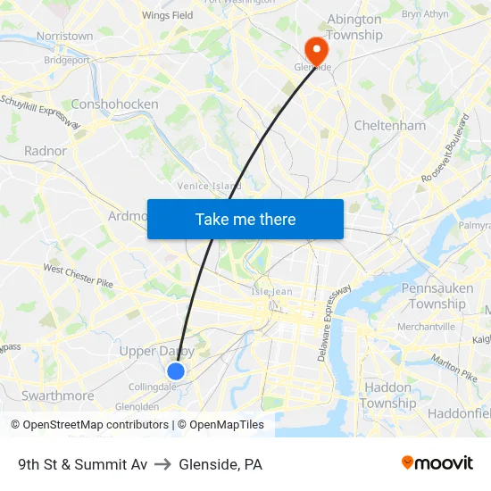 9th St & Summit Av to Glenside, PA map