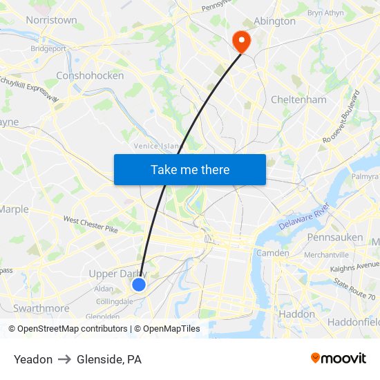 Yeadon to Glenside, PA map