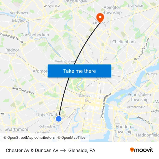 Chester Av & Duncan Av to Glenside, PA map
