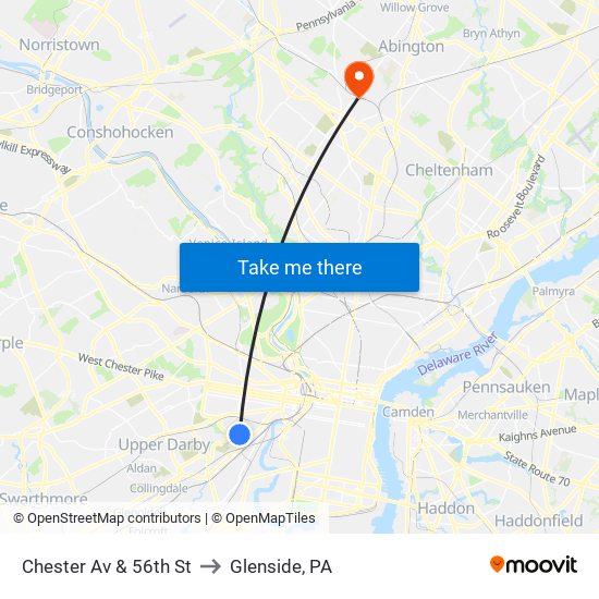 Chester Av & 56th St to Glenside, PA map