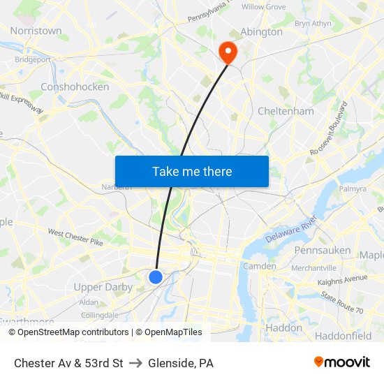 Chester Av & 53rd St to Glenside, PA map