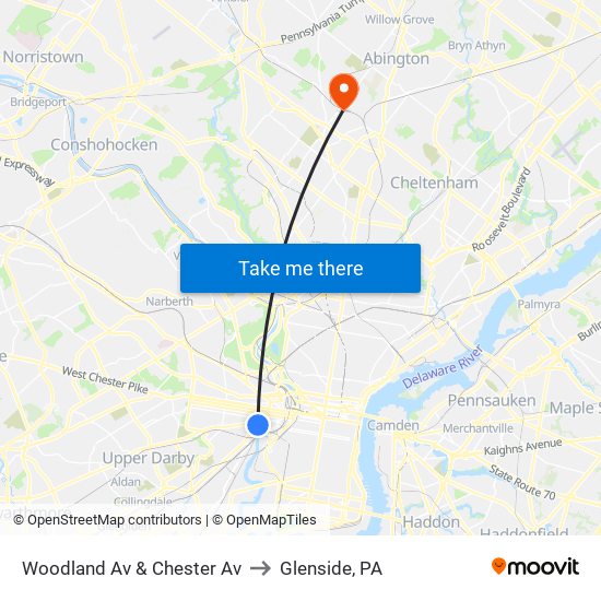 Woodland Av & Chester Av to Glenside, PA map