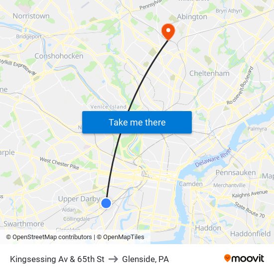 Kingsessing Av & 65th St to Glenside, PA map