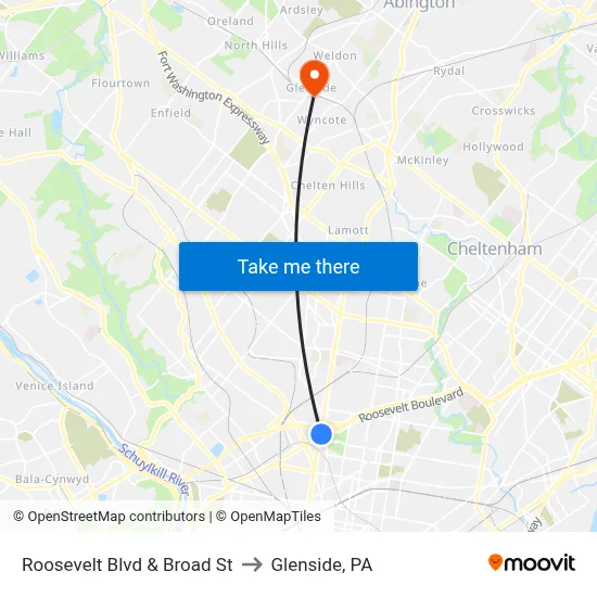 Roosevelt Blvd & Broad St to Glenside, PA map
