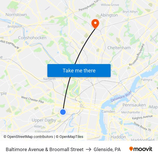Baltimore Avenue & Broomall Street to Glenside, PA map