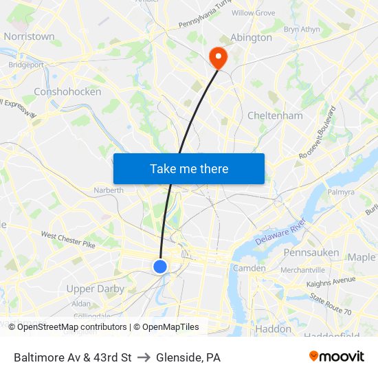 Baltimore Av & 43rd St to Glenside, PA map