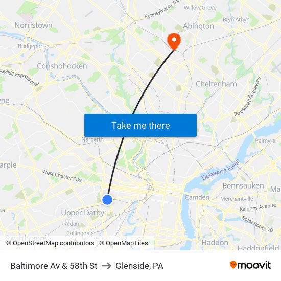 Baltimore Av & 58th St to Glenside, PA map