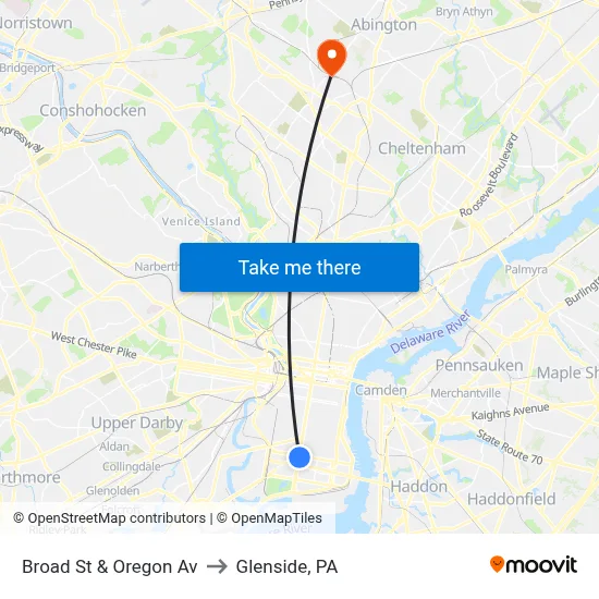 Broad St & Oregon Av to Glenside, PA map