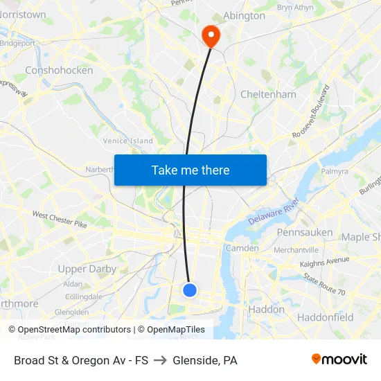 Broad St & Oregon Av - FS to Glenside, PA map