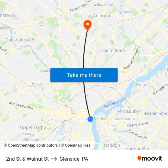 2nd St & Walnut St to Glenside, PA map