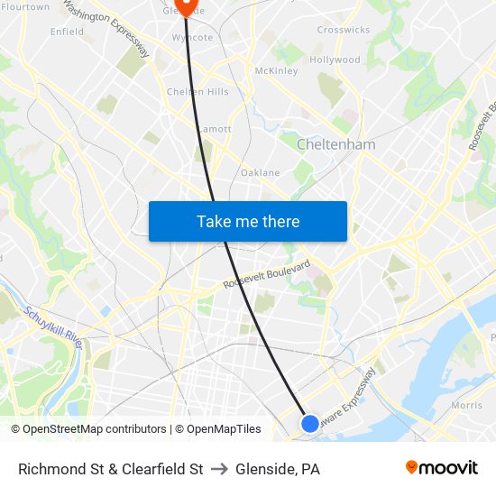 Richmond St & Clearfield St to Glenside, PA map