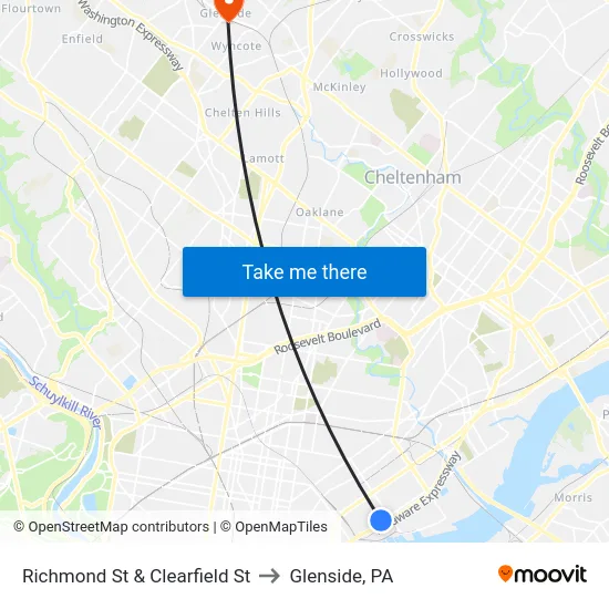Richmond St & Clearfield St to Glenside, PA map