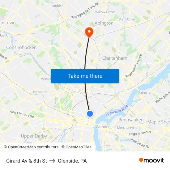Girard Av & 8th St to Glenside, PA map