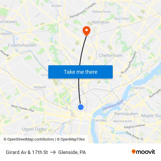 Girard Av & 17th St to Glenside, PA map